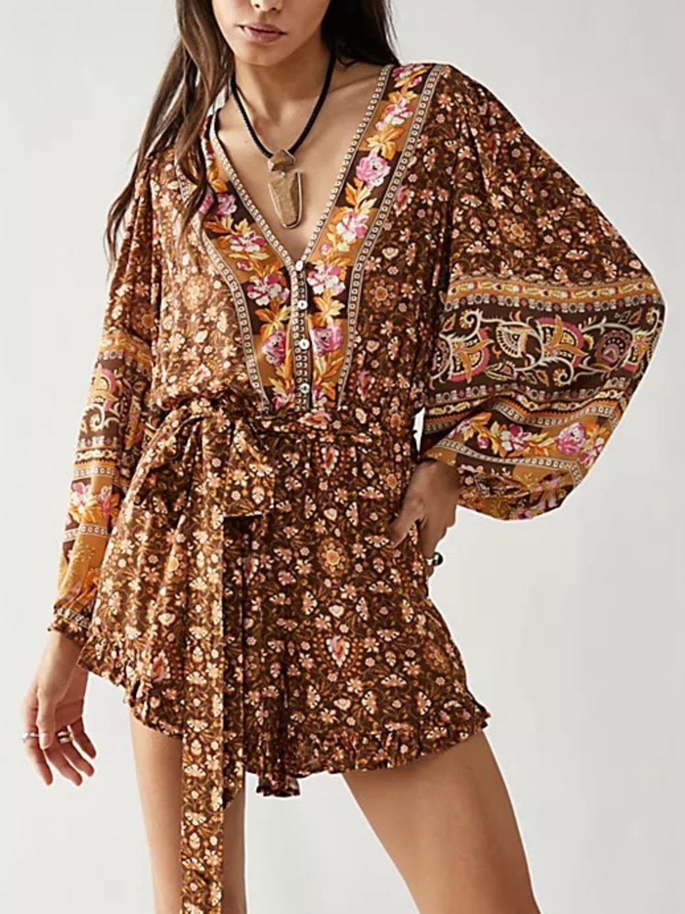 SPELL Madame Peacock Romper Coffee Floral Size Small